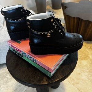 Chanel Black Platform Ankle Boots with Gold Chain